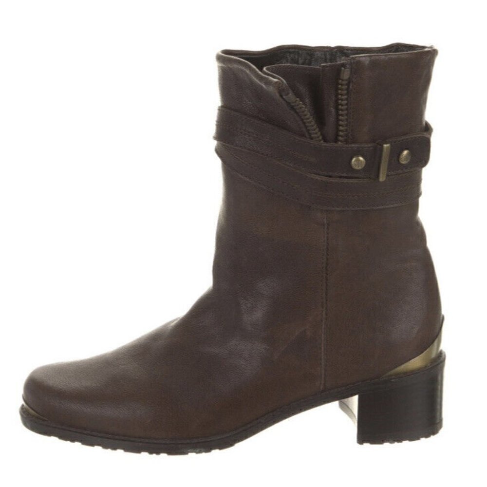 Stuart Weitzman Women's Brown Slam Dunk Low Shaft Leather Moto Boots Sz 6 EU 37